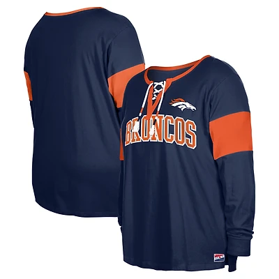 Women's New Era Navy Denver Broncos Plus Lace-Up Notch Neck Long Sleeve T-Shirt