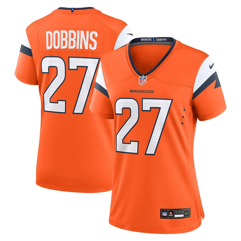 Maillot Nike J.K. Dobbins orange des Denver Broncos pour femme