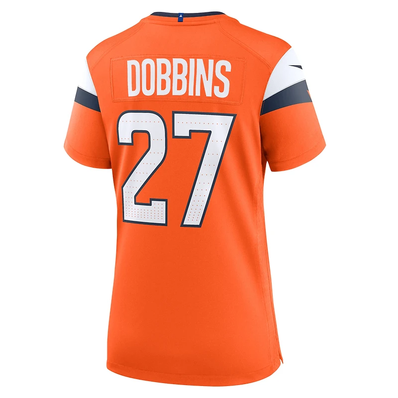 Maillot Nike J.K. Dobbins orange des Denver Broncos pour femme