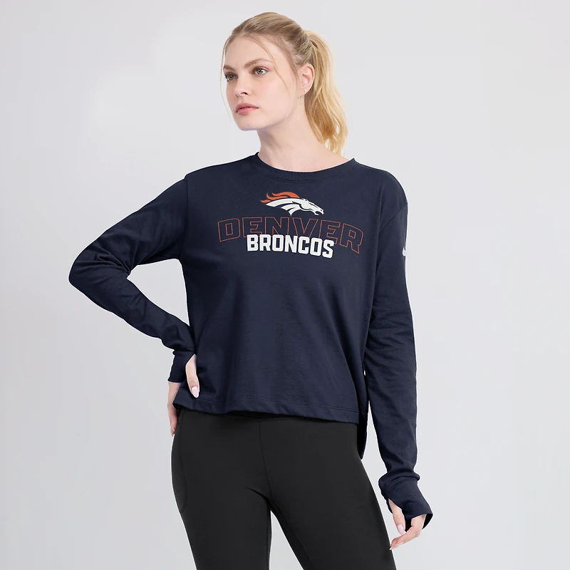 T-shirt à manches longues Nike pour femmes, bleu marine, Denver Broncos, Modest Crop Performance