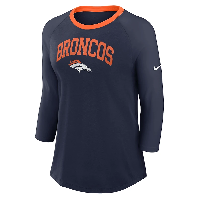 T-shirt à manches 3/4 Nike bleu marine Denver Broncos Raglan pour femme