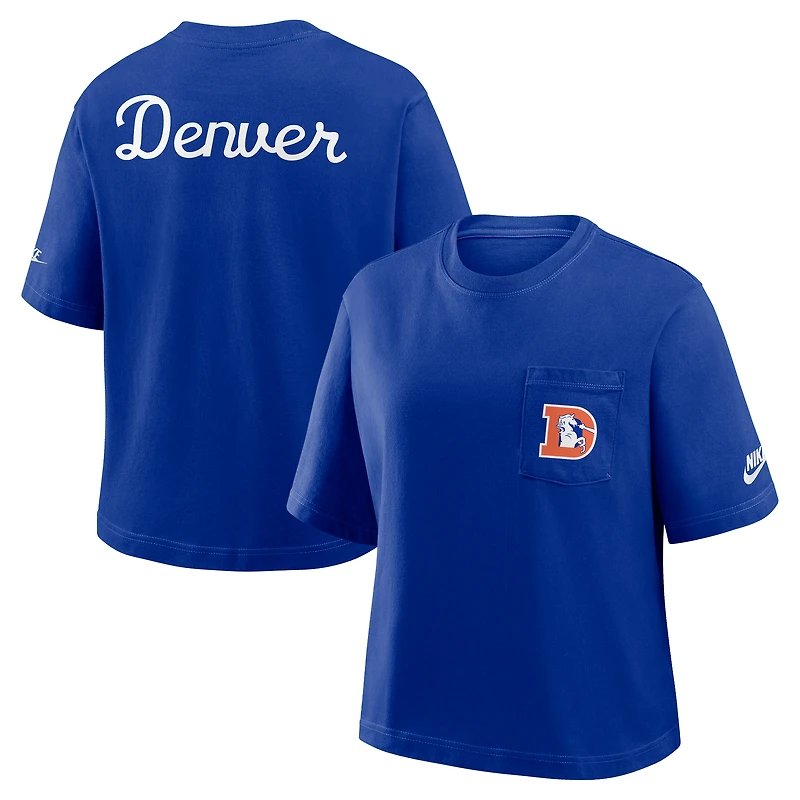 T-shirt Nike bleu marine Denver Broncos Rewind Pocket Boxy pour femme