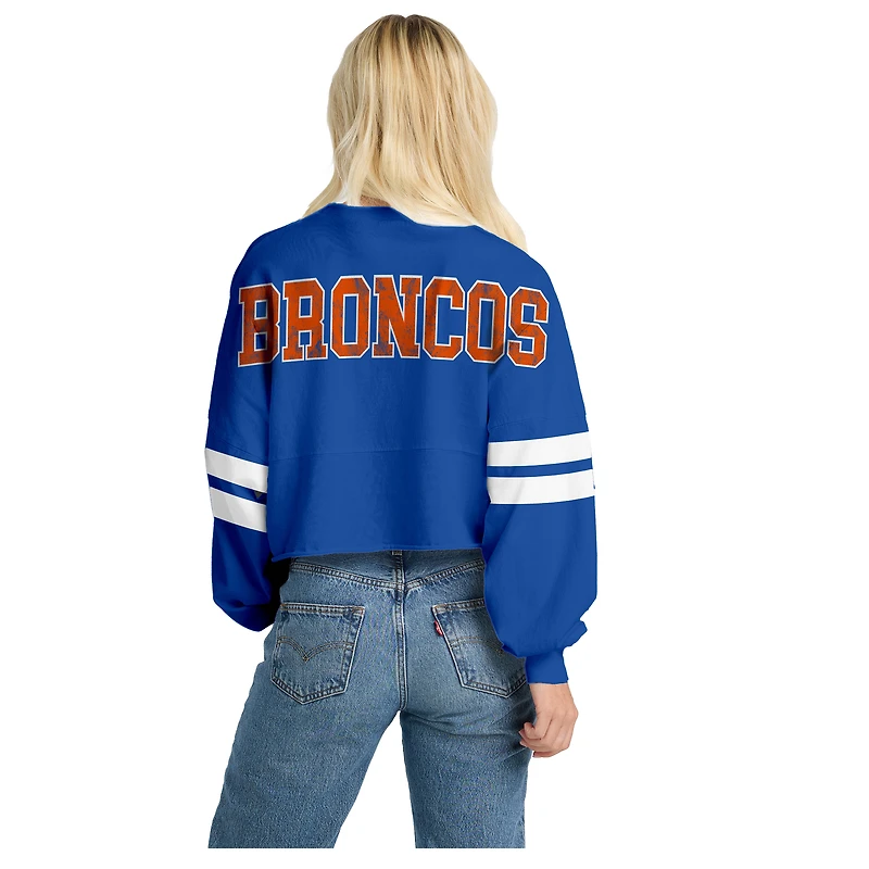 Women's Spirit Jersey Navy Denver Broncos Oversized Cropped Stripe Long Sleeve T-Shirt