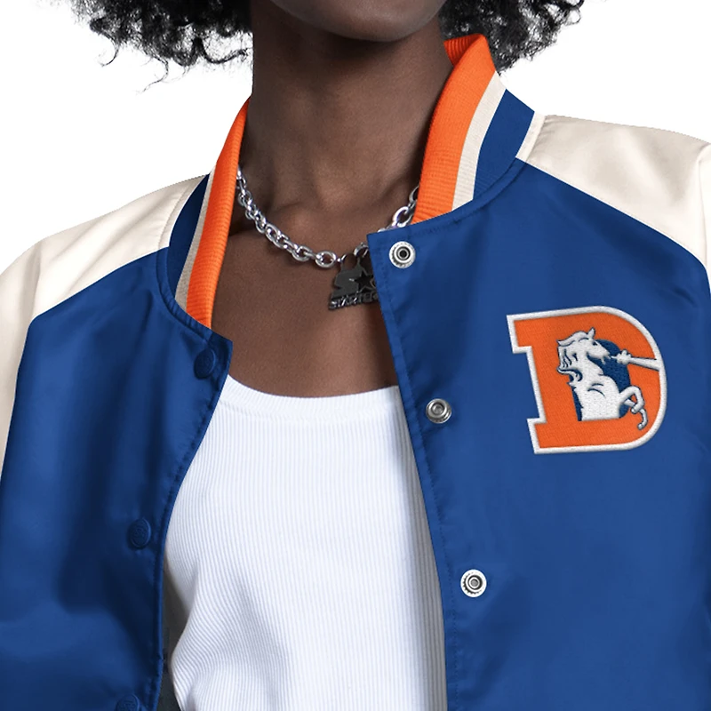 Veste universitaire Starter bleue et blanche pour femme, Denver Broncos, style raglan, fermeture à boutons-pression.