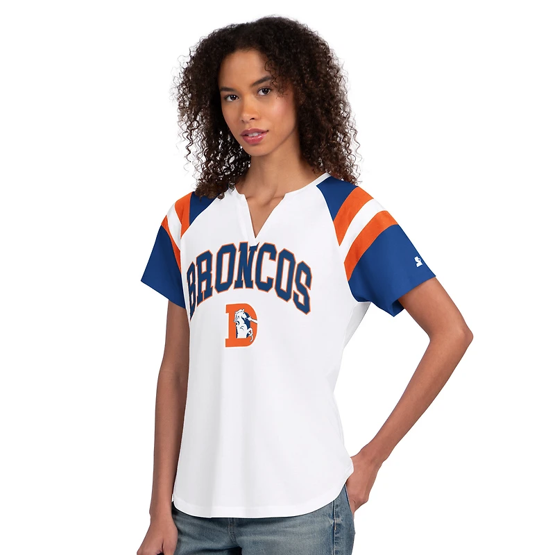 T-shirt Starter blanc pour femme, Denver Broncos, à col cranté.