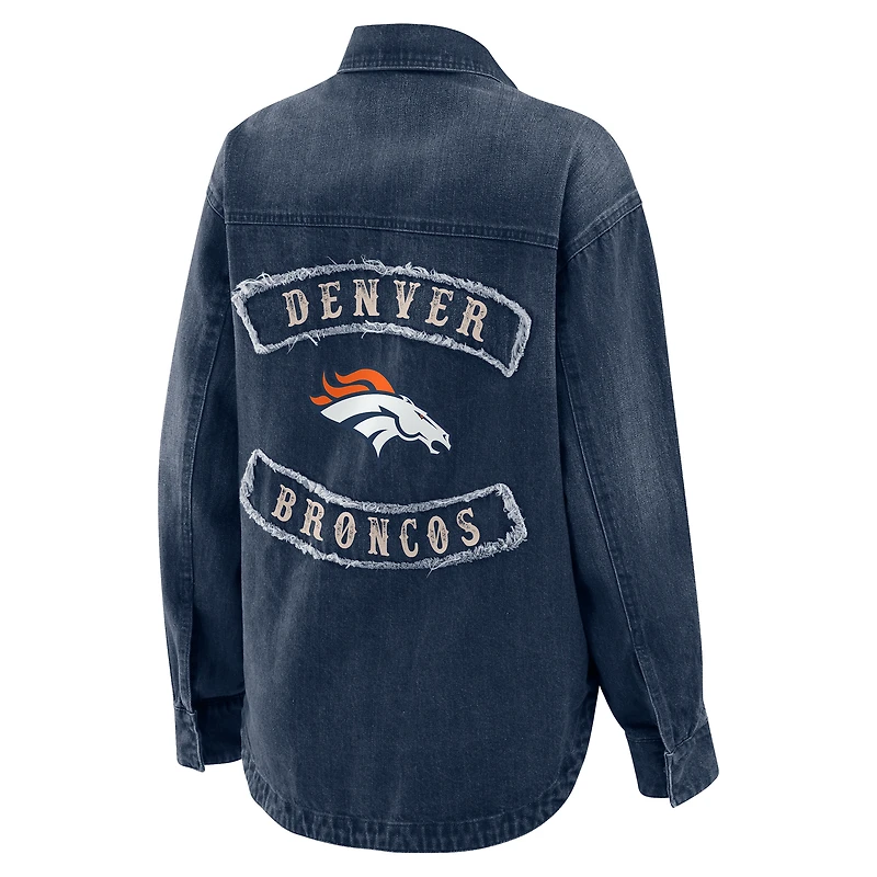 Women's WEAR by Erin Andrews Denim Denver Broncos Washed Oversized Full-Snap Shacket