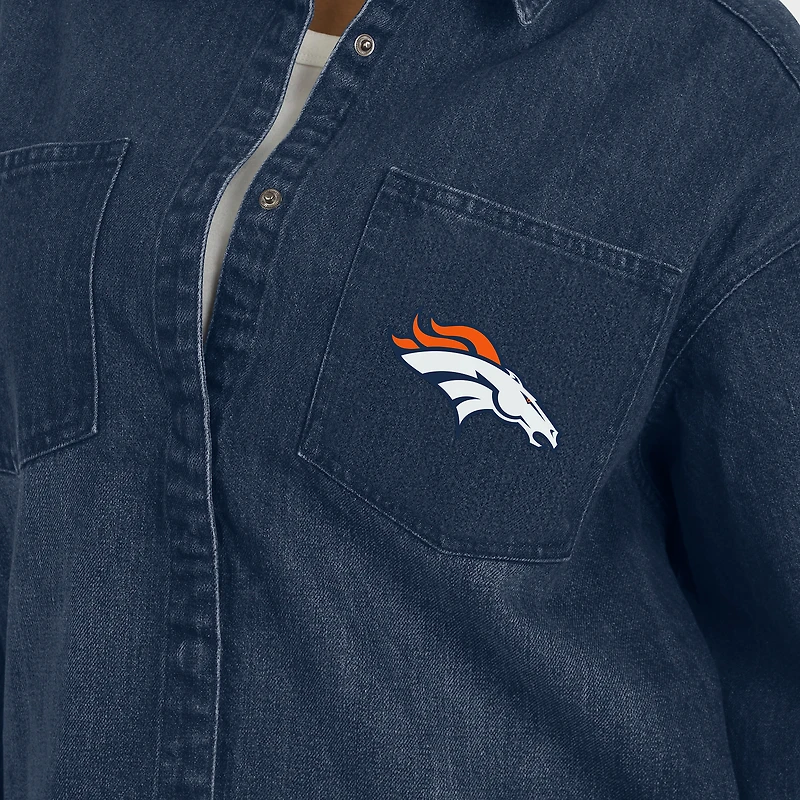 Women's WEAR by Erin Andrews Denim Denver Broncos Washed Oversized Full-Snap Shacket