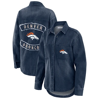 Women's WEAR by Erin Andrews Denim Denver Broncos Washed Oversized Full-Snap Shacket