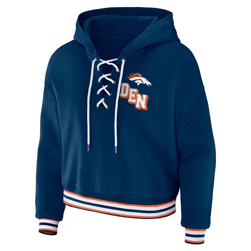 Women's WEAR by Erin Andrews Navy Denver Broncos Lace-Up Pullover Hoodie