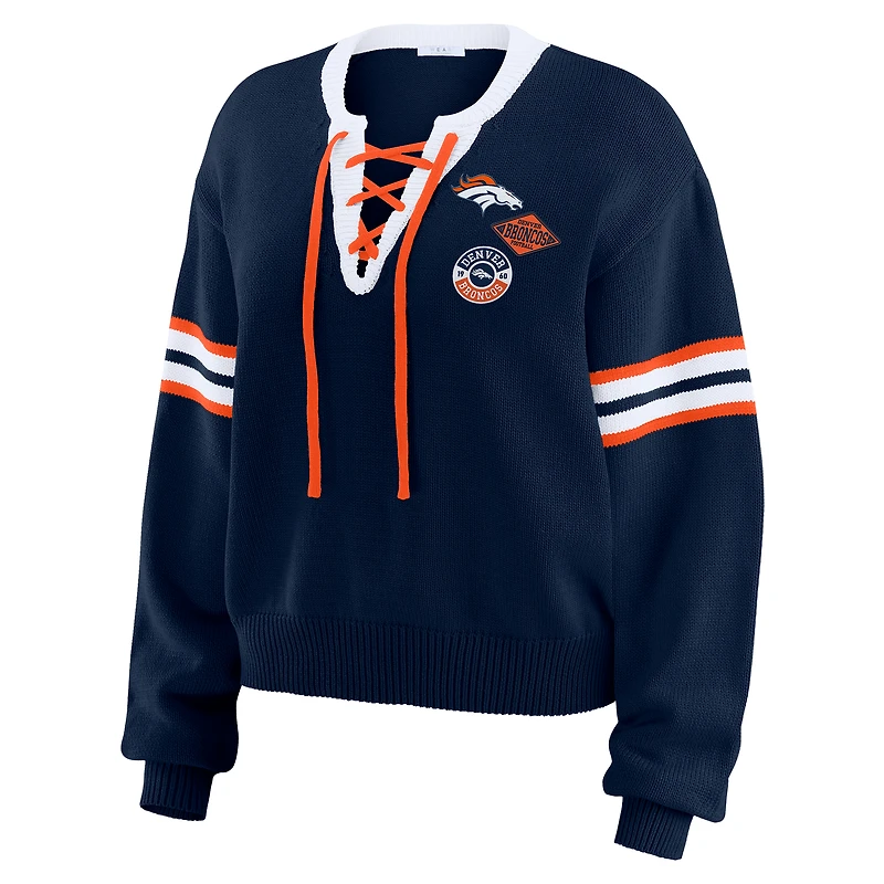 Women's WEAR by Erin Andrews Navy Denver Broncos Lace-Up Pullover Sweatshirt