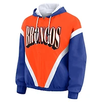 Veste coupe-vent à capuche entièrement zippée et froissée rétro grande taille pour femme par Erin Andrews Orange/Royal Denver Broncos