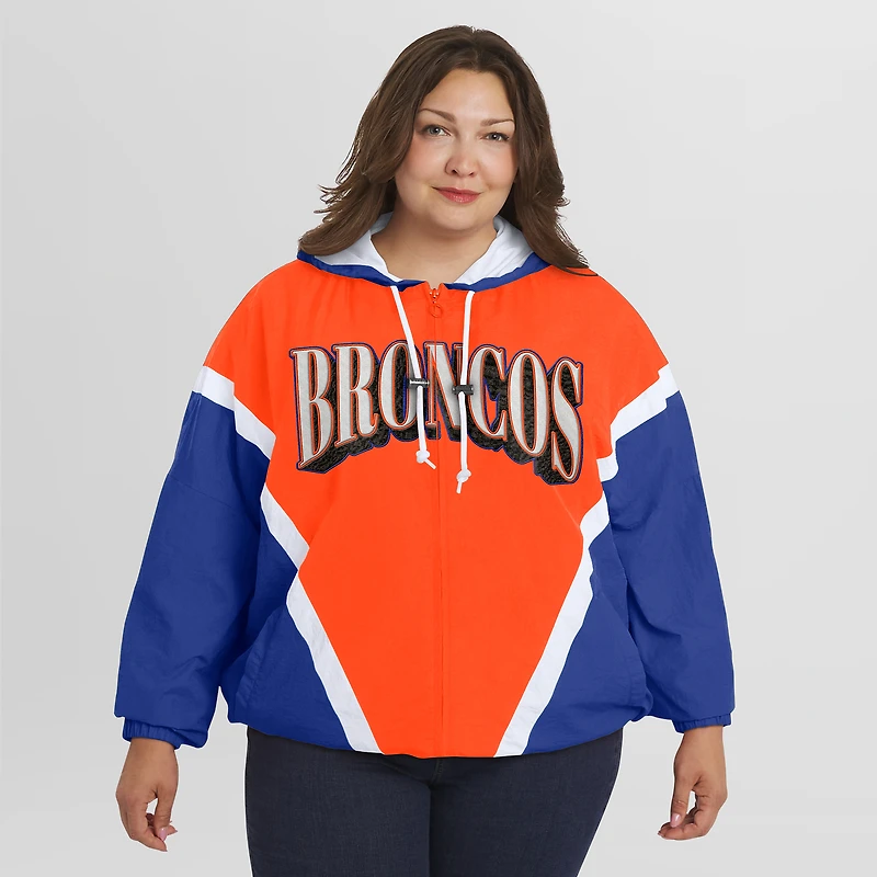 Veste coupe-vent à capuche entièrement zippée et froissée rétro grande taille pour femme par Erin Andrews Orange/Royal Denver Broncos