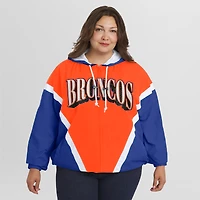 Veste coupe-vent à capuche entièrement zippée et froissée rétro grande taille pour femme par Erin Andrews Orange/Royal Denver Broncos