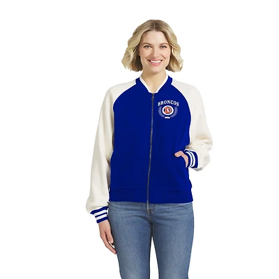 Women's WEAR by Erin Andrews Royal Denver Broncos Throwback Varsity Fleece Raglan Full-Zip Jacket