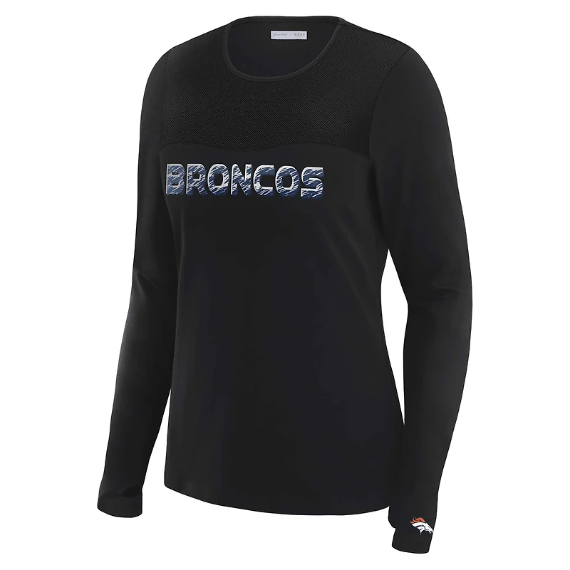 T-shirt à manches longues et empiècement en maille noire Denver Broncos WEAR by Erin Andrews x Gracie Hunt pour femme