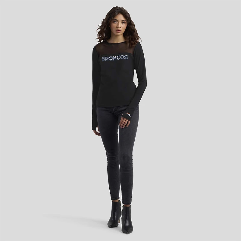 T-shirt à manches longues et empiècement en maille noire Denver Broncos WEAR by Erin Andrews x Gracie Hunt pour femme
