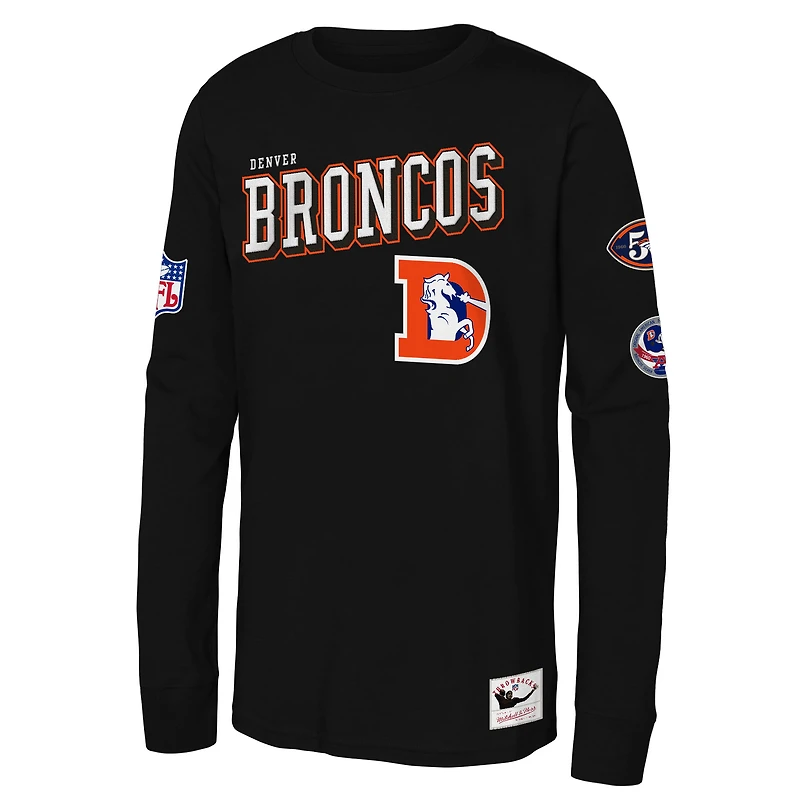 T-shirt à manches longues Mitchell & Ness noir pour jeunes, camp d'entraînement des Broncos de Denver