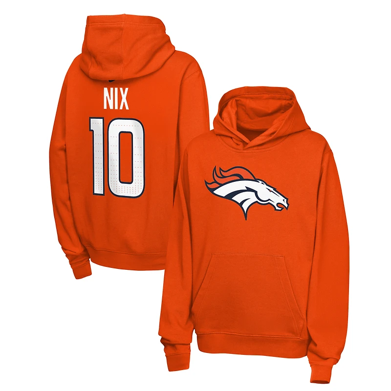 Sweat à capuche en polaire Nike Bo Nix orange Denver Broncos pour jeunes, avec nom et numéro.