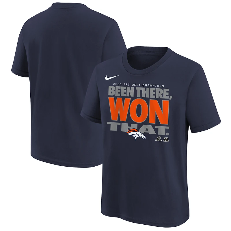 T-shirt Nike bleu marine pour jeunes, collection Denver Broncos 2025, champions de la division AFC Ouest, trophée du vestiaire