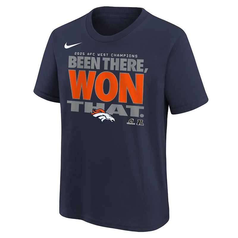 T-shirt Nike bleu marine pour jeunes, collection Denver Broncos 2025, champions de la division AFC Ouest, trophée du vestiaire