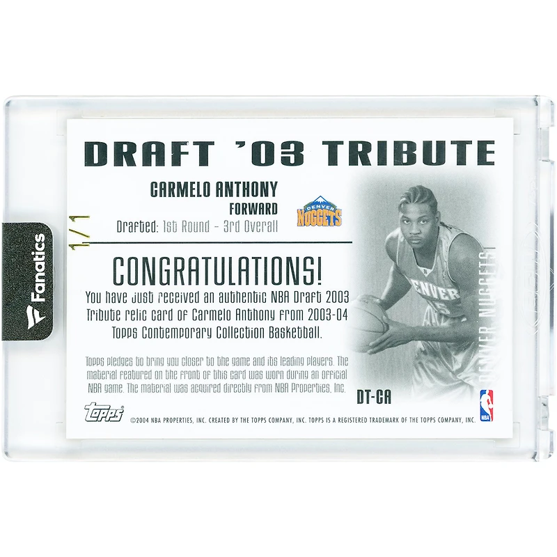 Carte de recrue Carmelo Anthony Denver Nuggets 2003-04 Topps Contemporary Collection Draft Tribute Game Worn Jersey Relic #DT-CA #1/1