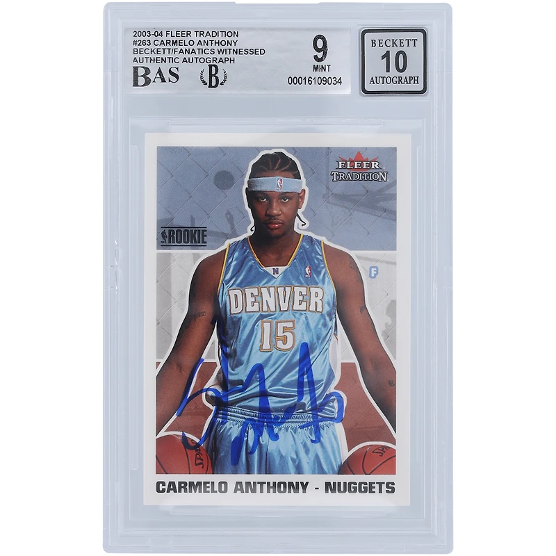 Carte de recrue 9/10 authentifiée signée Carmelo Anthony Denver Nuggets 2003-04 Fleer Tradition #263 Beckett Fanatics Witnessed