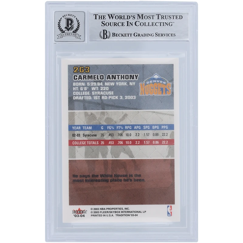 Carmelo Anthony Denver Nuggets Autographed 2003-04 Fleer Tradition #263 Beckett Fanatics Witnessed Authenticated 9/10 Rookie Card