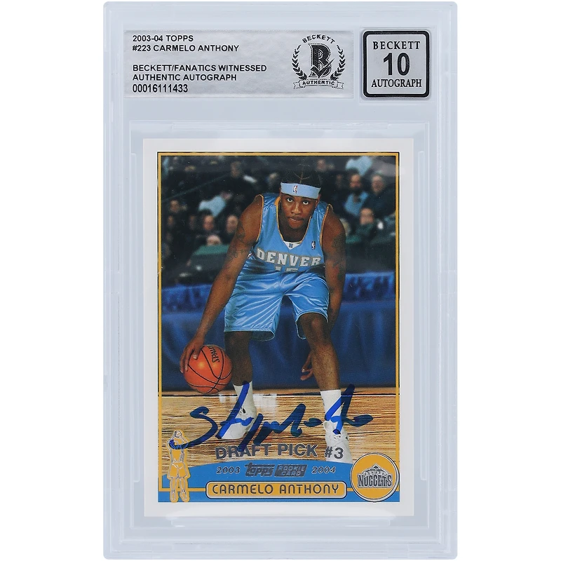 Carte de recrue autographiée 2003-04 Topps Silver Variation #223 Beckett Fanatics Witnessed Authenticated 10 Rookie Card par Carmelo Anthony Denver Nuggets