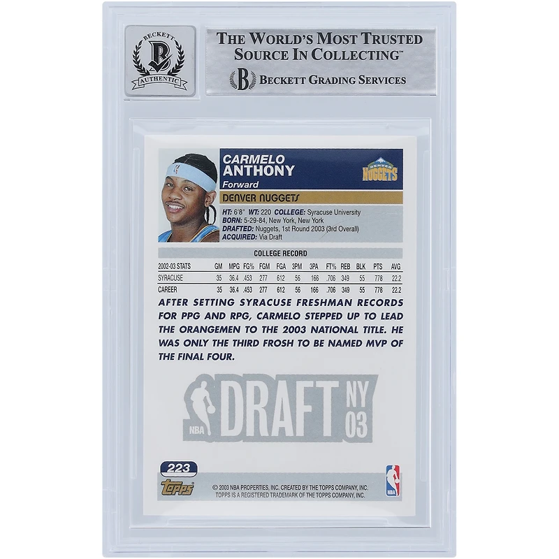 Carte de recrue autographiée 2003-04 Topps Silver Variation #223 Beckett Fanatics Witnessed Authenticated 10 Rookie Card par Carmelo Anthony Denver Nuggets