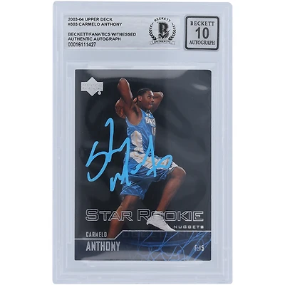 Carte Rookie 10 autographiée par Carmelo Anthony Denver Nuggets 2003-04 Upper Deck Star Blue Paint #303 Beckett Fanatics Witnessed Authenticated
