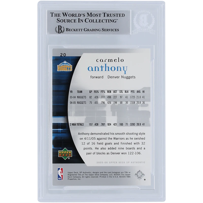 Carte authentifiée autographiée par Carmelo Anthony Denver Nuggets 2005-06 Upper Deck SP Authentic #20 Beckett Fanatics Witnessed