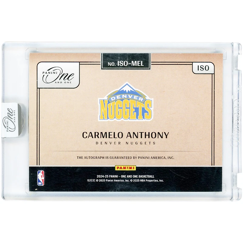 Carmelo Anthony Denver Nuggets Autographed 2024-25 Panini One & One ISO #ISO-MEL #8/49 Card
