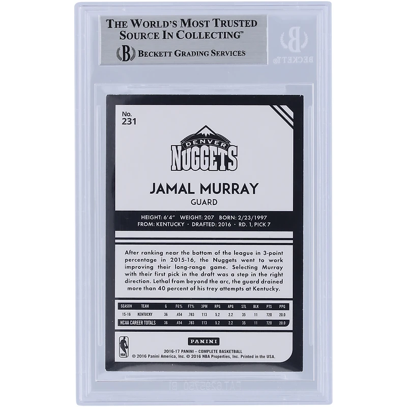 Carte de recrue authentifiée signée Jamal Murray Denver Nuggets 2016-17 Panini complète Light Blue Ink #231 Beckett Fanatics