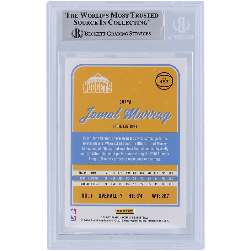 Carte de recrue authentifiée signée Jamal Murray Denver Nuggets 2016-17 Panini Donruss Rated Rookie Light Blue Ink #157 Beckett Fanatics Witnessed