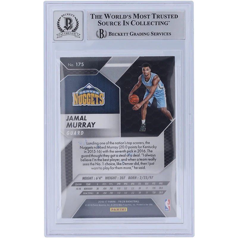 Carte de recrue Panini Prizm #175 autographiée 2016-17 de Jamal Murray des Denver Nuggets, Beckett Fanatics Witnessed Authenticated 10 Rookie