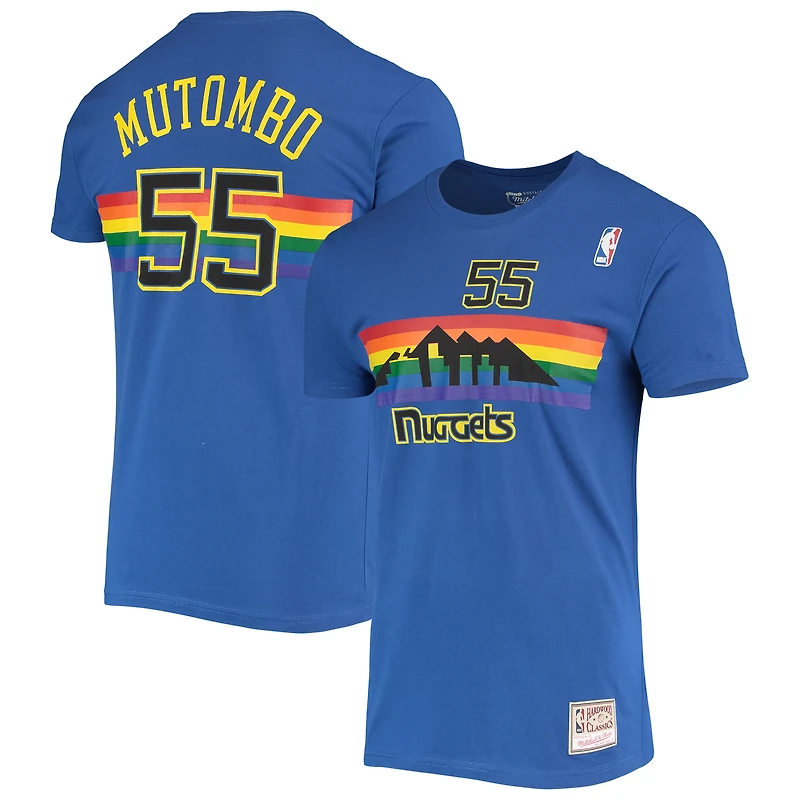 Men's Mitchell & Ness Dikembe Mutombo Royal Denver Nuggets Hardwood Classics Stitch Name Number T-Shirt