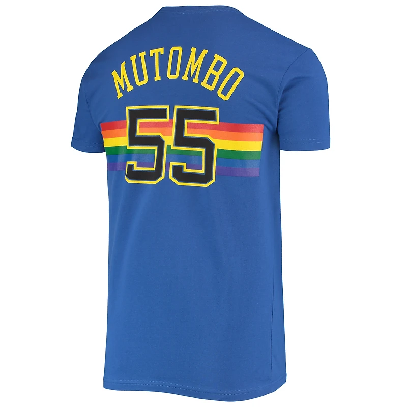 Men's Mitchell & Ness Dikembe Mutombo Royal Denver Nuggets Hardwood Classics Stitch Name Number T-Shirt