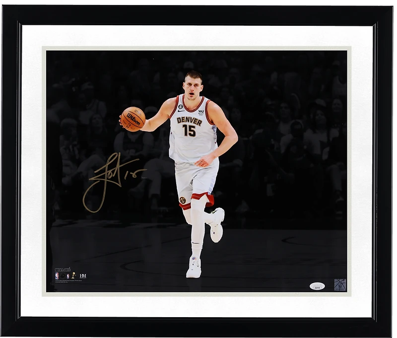 Nikola Jokic Denver Nuggets Autographed 16" x 20" Dribbling Spotlight Photograph - Signed in Gold Ink - JSA