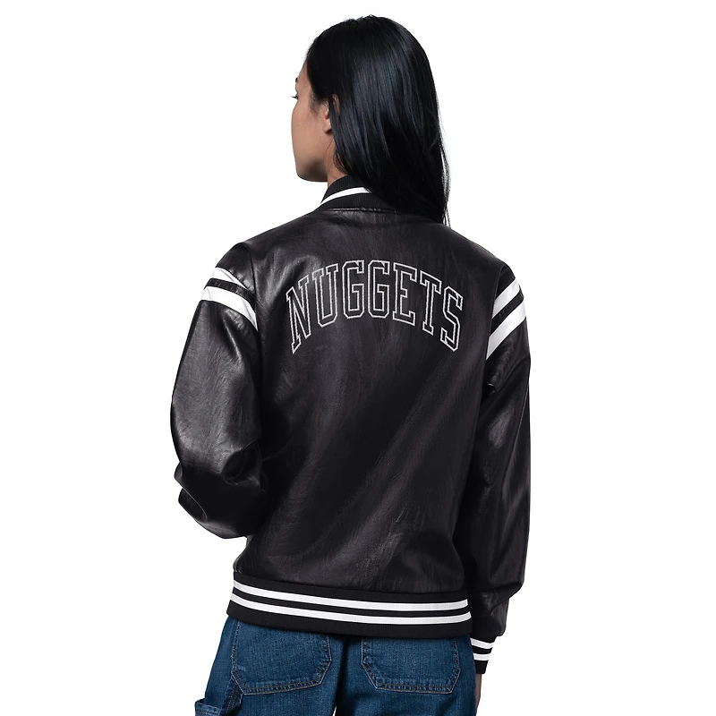 Women's Starter Black Denver Nuggets High Heat Leather Varsity Full-Snap Jacket