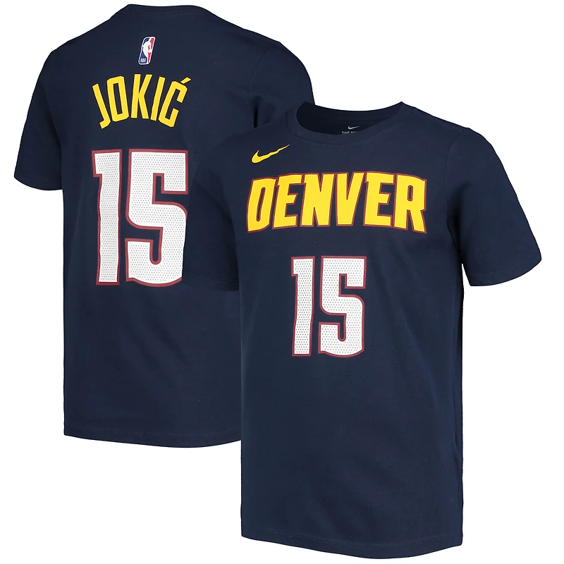 T-shirt de performance Nike Nikola Jokic bleu marine Denver Nuggets avec logo, nom et numéro pour enfant