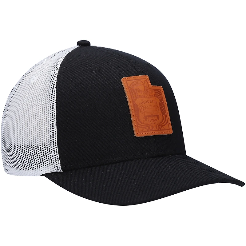 Men's Local Crowns Black Utah Leather State Applique Trucker Snapback Hat