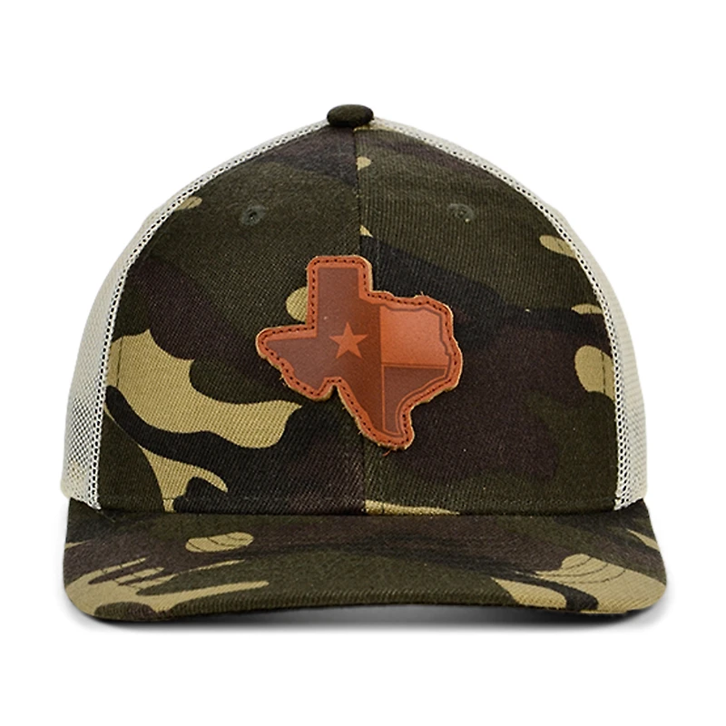 Men's Local Crowns Camo/Natural Texas Woodland Leather State Patch Trucker Snapback Adjustable Hat