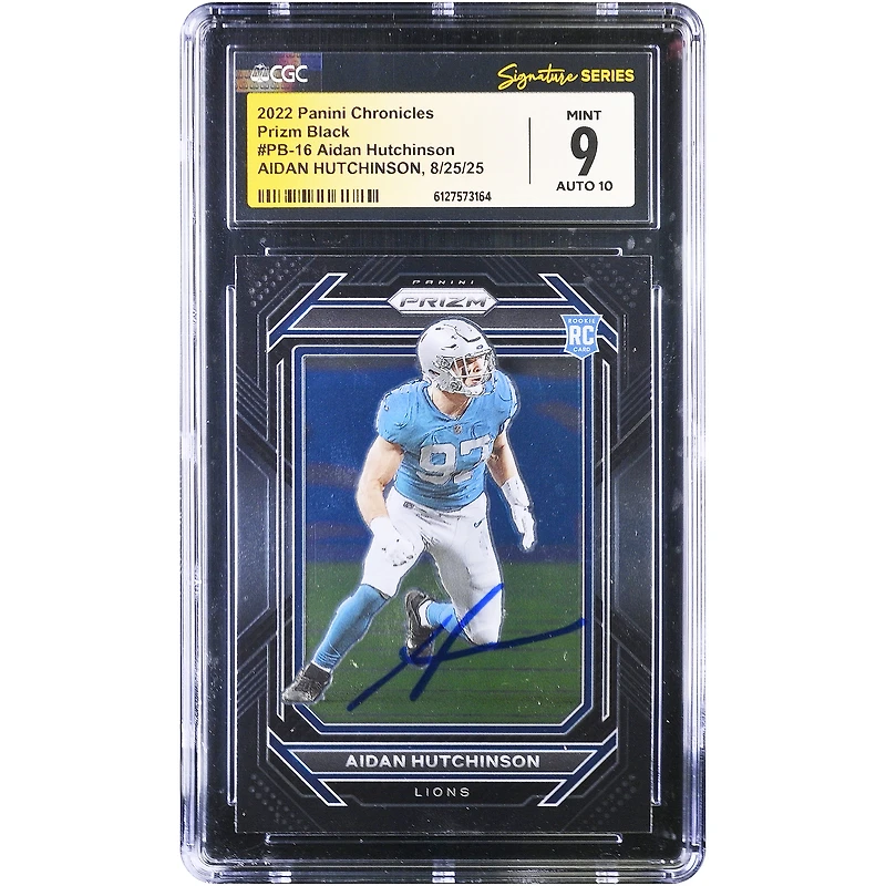 Carte recrue autographiée d'Aidan Hutchinson (Detroit Lions) 2022 Panini Chronicles Prizm Black #PB-16, authentifiée CGC 9/10