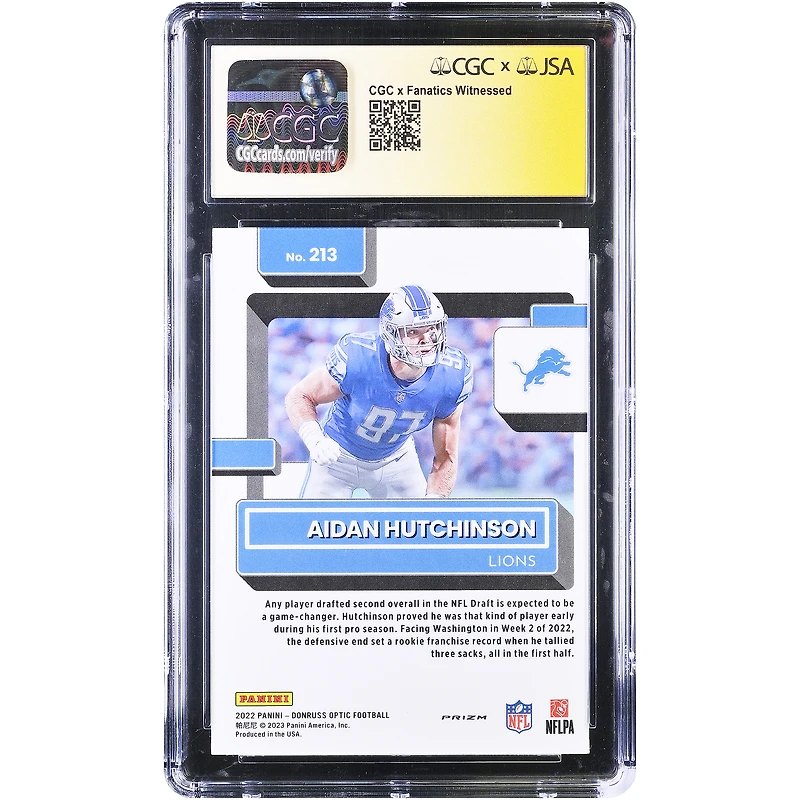Carte de recrue autographiée d'Aidan Hutchinson (Detroit Lions) 2022 Panini Donruss Optic Holo n° 213