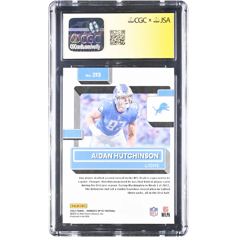 Carte de recrue autographiée d'Aidan Hutchinson (Detroit Lions) 2022 Panini Donruss Optic n° 213, authentifiée CGC Auto 10