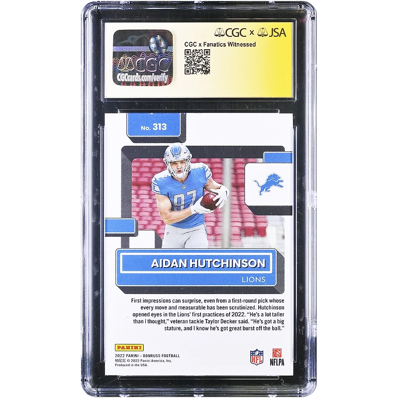 Aidan Hutchinson Detroit Lions Autographed 2022 Panini Donruss Rated Rookie #313 CGC Authenticated 9/10 Rookie Card