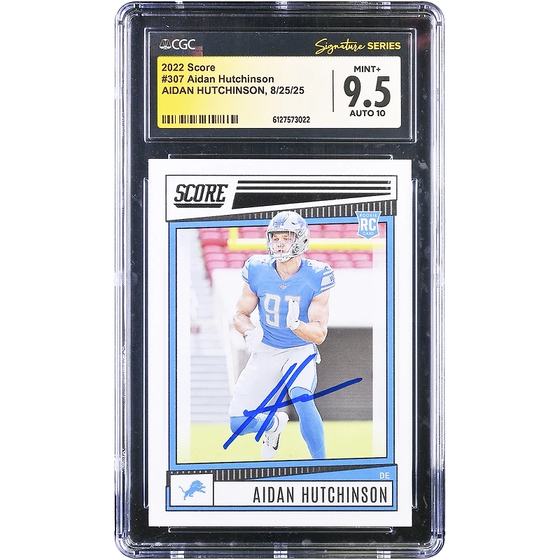 Carte recrue autographiée d'Aidan Hutchinson (Detroit Lions), Panini Score 2022 n° 307, authentifiée CGC 9,5/10