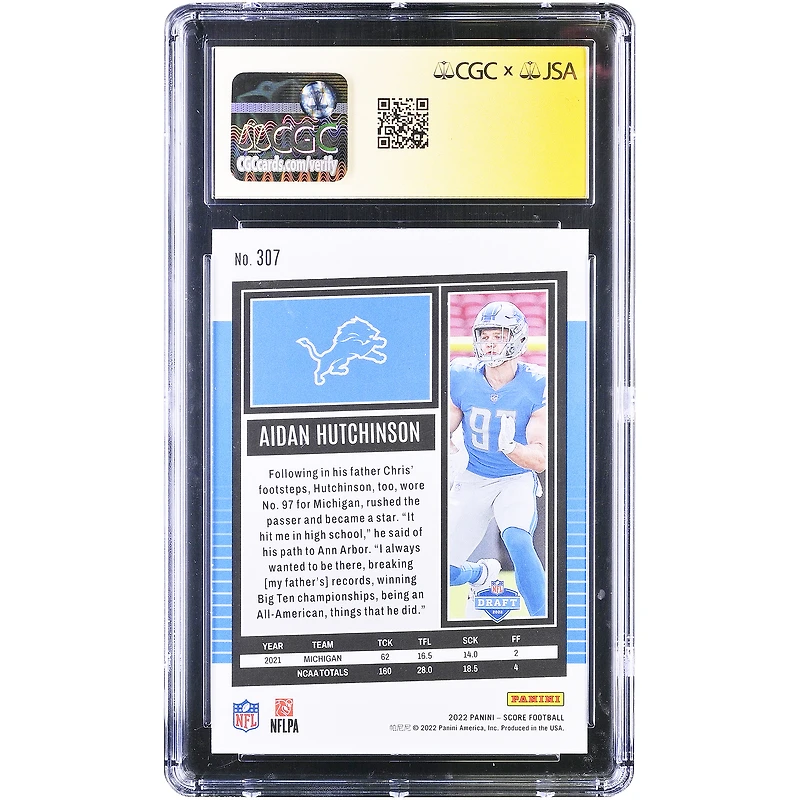 Carte recrue autographiée d'Aidan Hutchinson (Detroit Lions), Panini Score 2022 n° 307, authentifiée CGC Fanatics Witnessed 10/10
