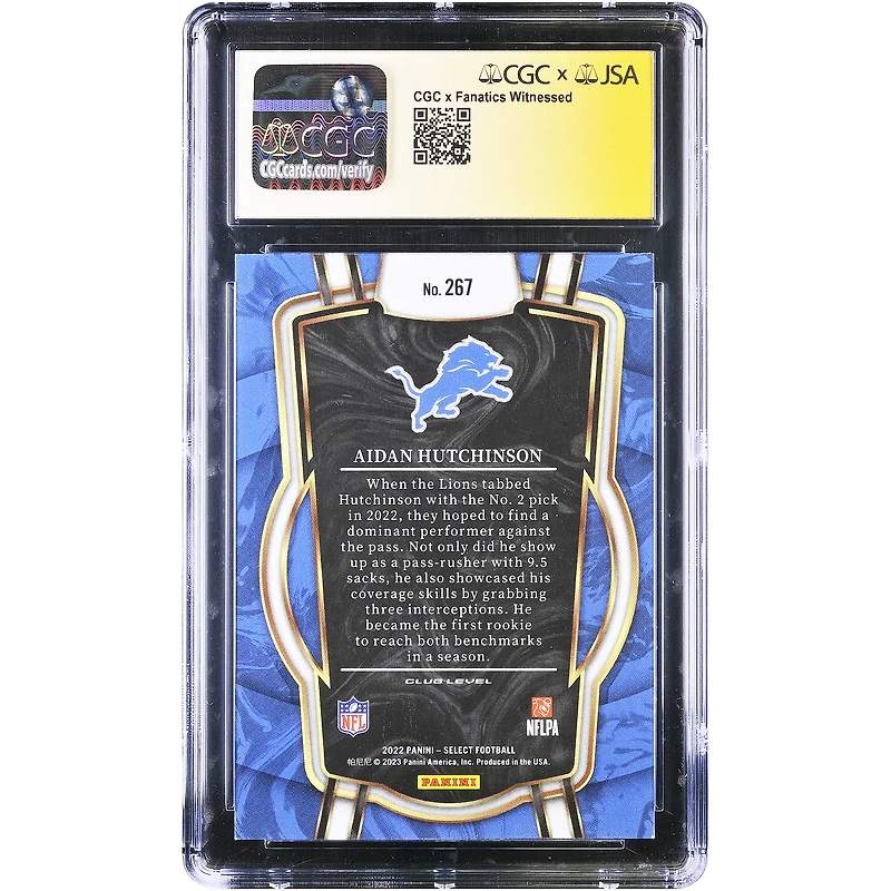 Carte de recrue autographiée d'Aidan Hutchinson (Detroit Lions), Panini Select 2022 n° 267, authentifiée CGC 9/10