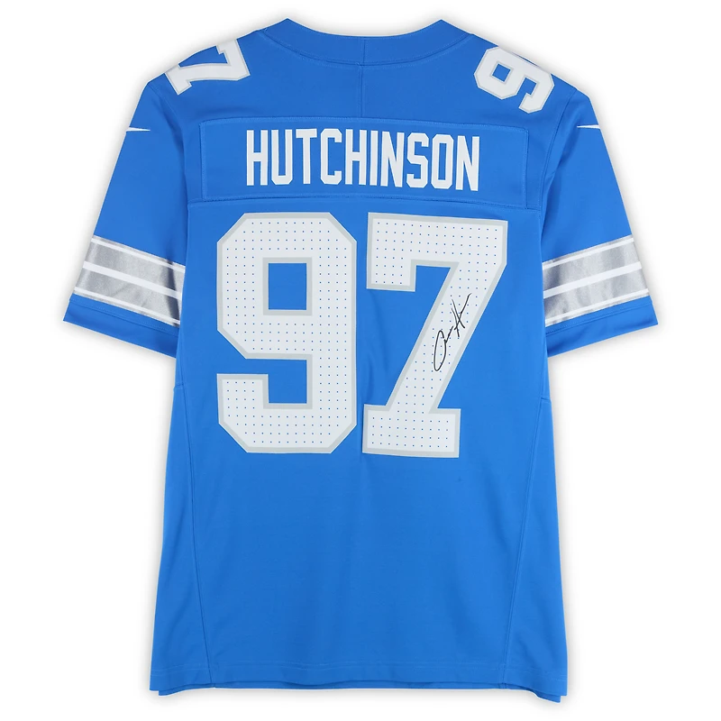 Maillot Nike Vapor F.U.S.E. bleu dédicacé par Aidan Hutchinson des Lions de Détroit, édition limitée
